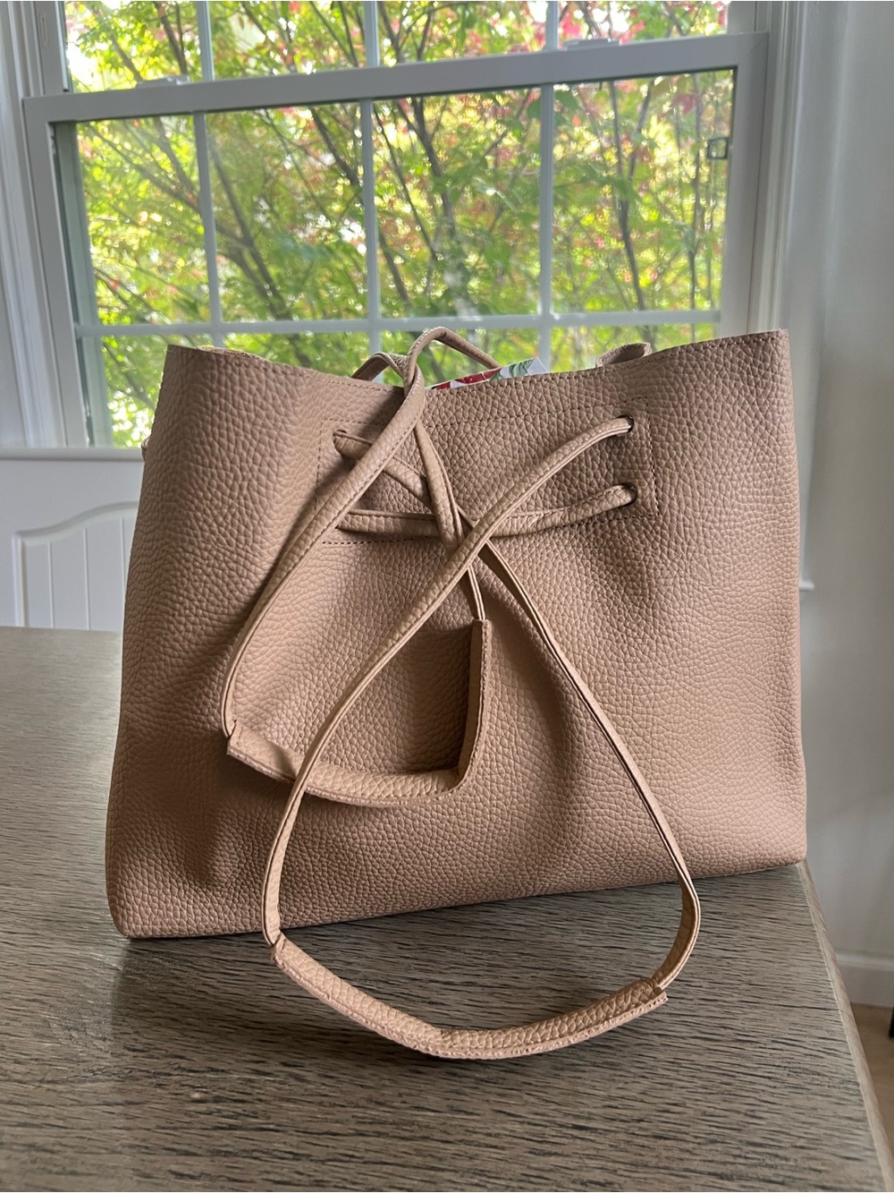 8 Other Reasons Revolve Pinky Tan Faux Pebbled Long Strap Slouchy Bucket Bag